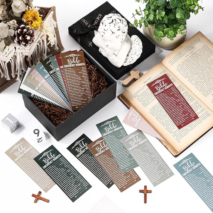 Motiskyy 100 Pcs Christian Bible Verse Emergency Numbers Bookmark Religious Church Gift 2.36 x 6'' Catholic Book of The Bible Card for Mom Women Men Retreat Sunday School(Multicolor)