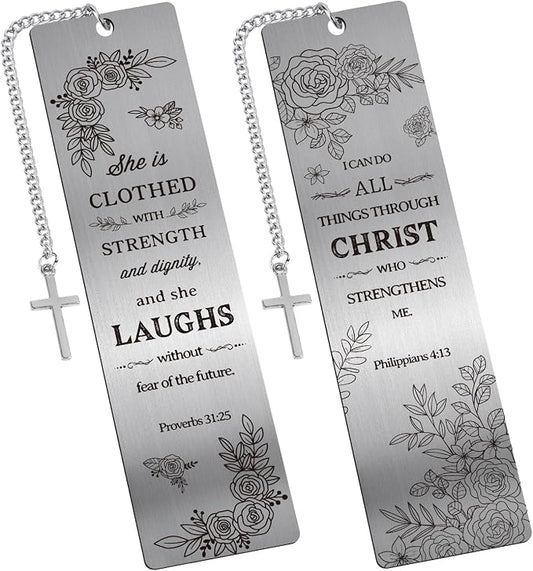 Christian Metal Bookmarks Gifts - 2 Pcs Bible Verse Inspirational Book Marks for Women Religious Cross Plant Unique Page Markers Reading Birthday Student Teacher School Office Accessories