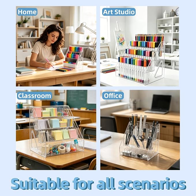 4-Tier Clear Acrylic Pen Holder for Desk, 20 Compartments Marker Storage Organizer, Space-Saving Vertical Stationery Rack for Art Supplies, High-Capacity Desktop Office Storage