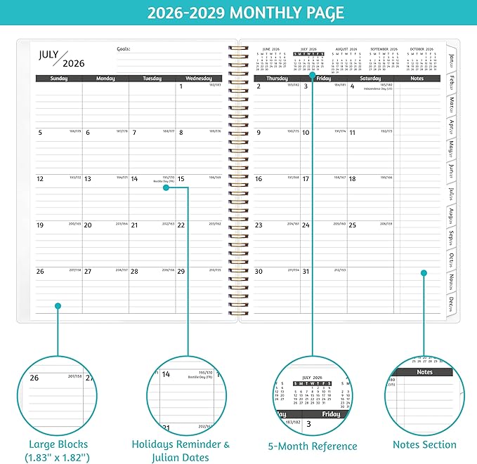 Monthly Planner 2026-2029, 36 Months Calendar Planner 2026-2029 from Jul 2026 – Jun 2029, 8.5'' x 11'' with Ruled Spread, Flexible Cover, Spiral Wirebound, Pocket, Coated Tabs, Notes ＆ Habit Tracker