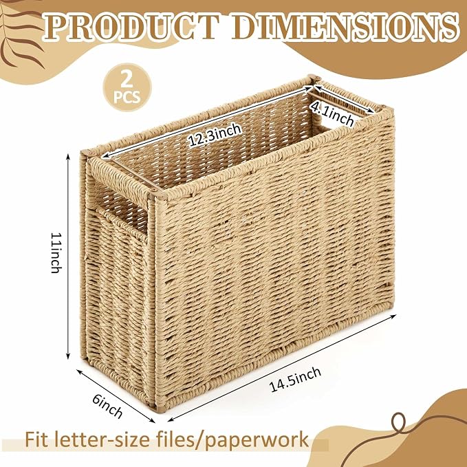 Teenyyou 2 Pack Hanging File Box 14.5 x 6 x 10.8 Inch Paper Rope Decorative Filing Basket Woven Document Organizer Folder Box with Handle Collapsible Letter Size Filing for Office Home Storage Decor