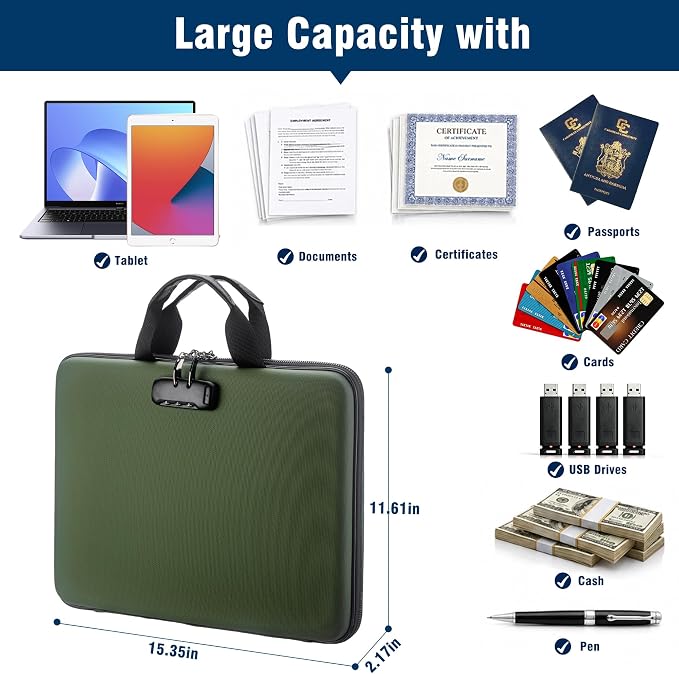Fireproof Document Box with Lock, Hard-Shell Case Fireproof File Organizer with 13 Pocket Accordion File Folder, Portable Home Office Travel Safe Storage for Important Documents Laptop