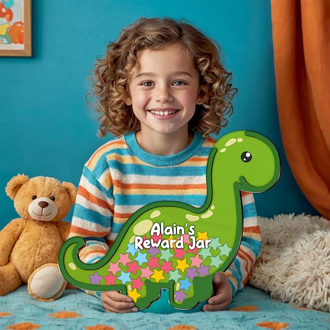 Personalized Dinosaur Magnetic Reward Jar Colorful for Kids Potty Training Magnetic Star Tokens Good Behavior System Toddler Reward Routine Tool Back to School Gift for Boys Girls Classroom Home Décor