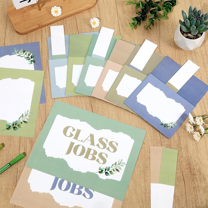 112Pcs Eucalyptus Class Jobs Bulletin Board Set Greenery Classroom Job Pocket Chart Bulk Sage Green Class Management Pocket Chart Teacher's Helper Posters Cards Chalkboard Decor School Supplies