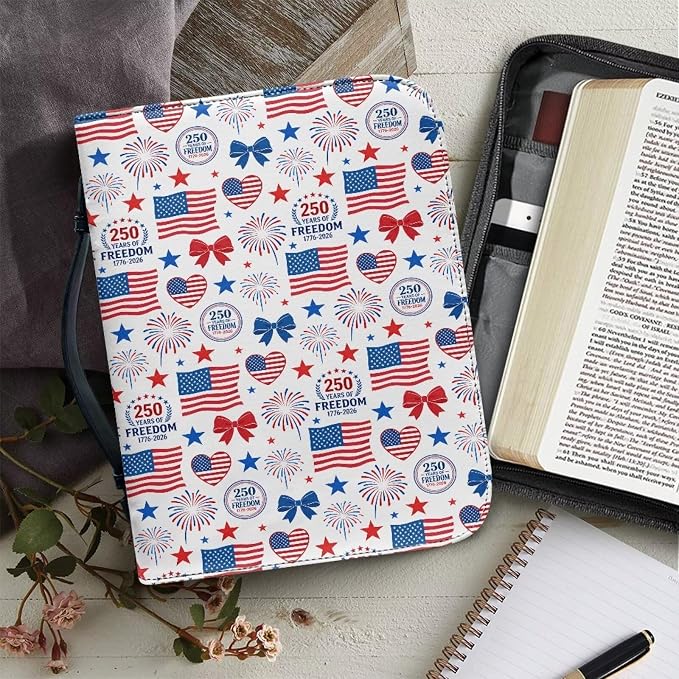 Bible Cover for Women, 250 Year American Flag Carrying Religious Scripture Organizer Bag Zipper and Pockets PU Leather Bible Holder Patriotism Gifts for Women