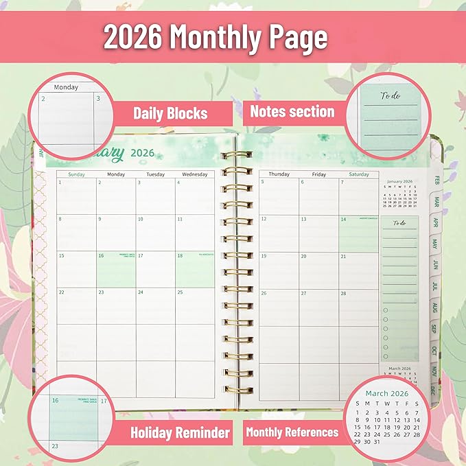 2026 Planner, Weekly and Monthly Calendar Planner for Women, Jan 2026 - Dec 2026, Hardcover Planning Agenda book, Spiral Bound, Inner Pocket, 6.3" x 8.5"