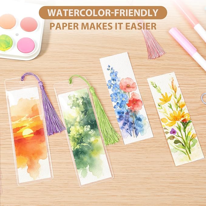 60 Pack Bookmarks with Sleeves & Tassels – Blank Watercolor Paper Bookmarks for DIY Painting, Reading, Classroom Crafts & Gift Tags