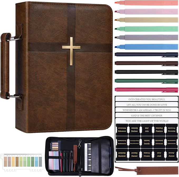 XKDOUS Bible Bag with Cross Design for Men Leather Bible Cover Church Book Holder Organizer Large Carrying Case with Pens, Tabs, Study Supplies Father Day Christian Gifts for Dad, Mom, Women, Lady