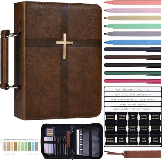 XKDOUS Bible Bag with Cross Design for Men Leather Bible Cover Church Book Holder Organizer Large Carrying Case with Pens, Tabs, Study Supplies Father Day Christian Gifts for Dad, Mom, Women, Lady
