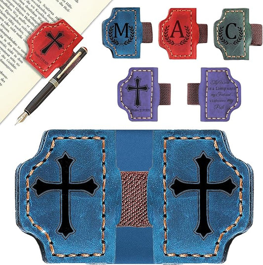 Custom Magnetic Bookmarks with Pen Holder, Personalized 26 Letters Name Initial Leather Bookmark, Leather Book Mark for Men Women Teachers, Readers Book Lovers Gifts (Blue, Cross)