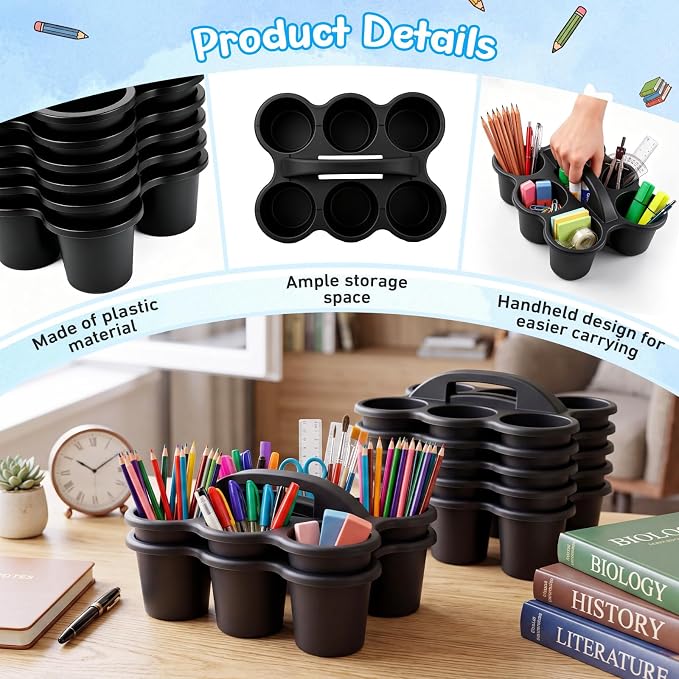 Novabright 12 Pack Classroom Caddy, Stackable Plastic Caddy Storage Basket with Handle for Kids, Table Desk Office Arts, Crafts, Crayon, Marker, Pencil, School Supplies (Black)