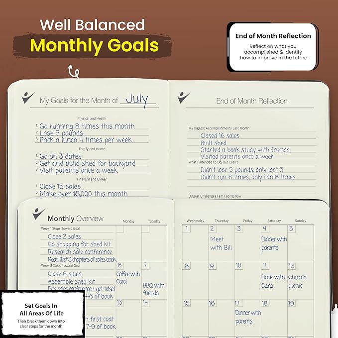 Undated Daily Planner to Achieve Your Goals - 90 Day Guided Journal & Productivity Organizer with Goal Setting, Habit Tracker, To Do List, Academic & Work Calendar, Leather Hardcover - Brown