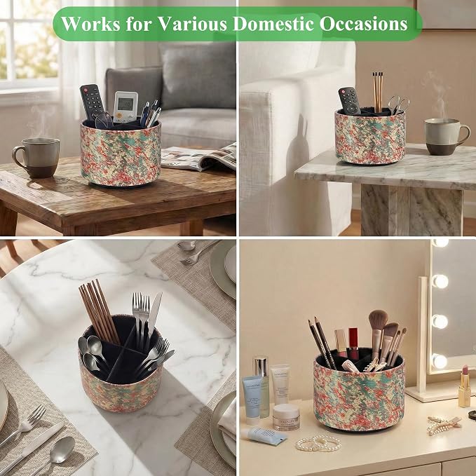 Round Leather Art Supply Organizer,Remote Control Holder,360-degree Rotating Pen Organizer with 4 Compartments(1-Painting White)