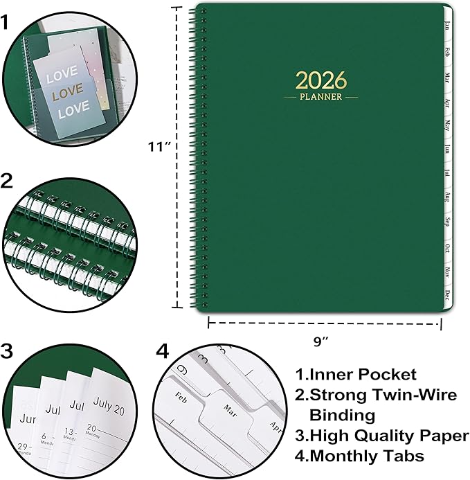 2026 Planner - JAN.2026 - DEC.2026, 2026 Planner Weekly and Monthly, 9" x 11", 2026 Calendar Planner, Weekly and Monthly Planner 2026 with Tabs, Twin-wire Binding, Pocket - Green