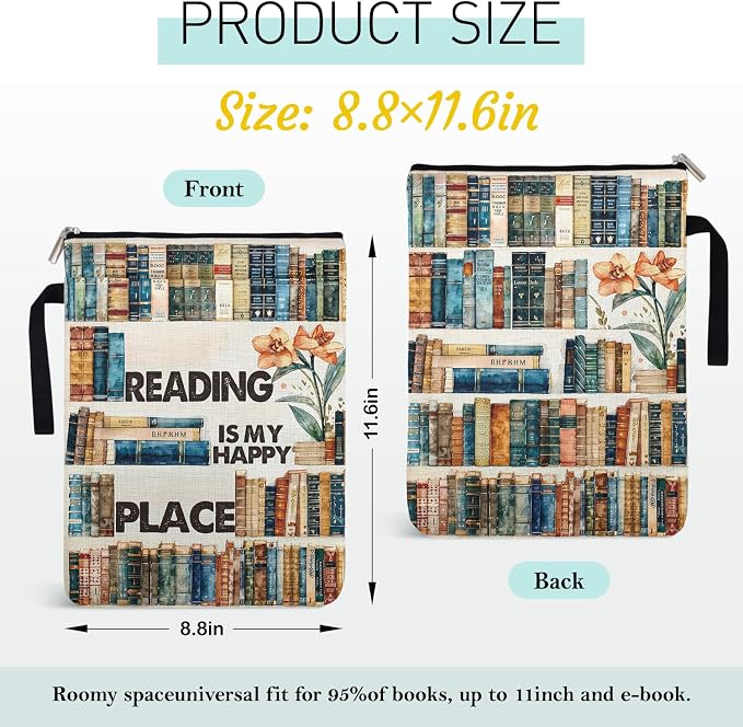 Reading is My Happy Place Book Sleeve for Book Lovers, Paperback Sleeve for Librarian Lovers Bookish Group Club Gifts for Women, Book Cover with Zipper and Front Pocket for paperbacks 9 x 12 Inch