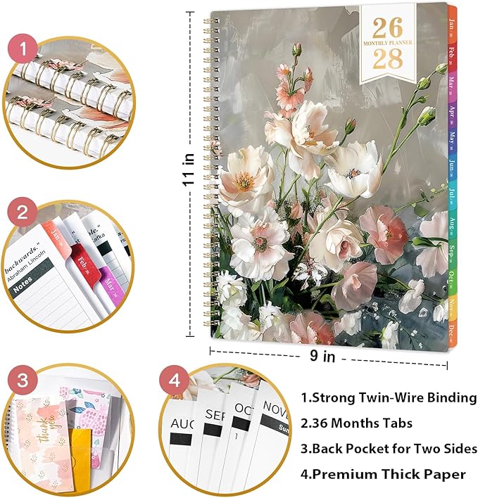 2026-2028 Monthly Planner - 3 Year Monthly Planner from Jan. 2026 to Dec. 2028, Calendar Planners with Colorful Tabs, Inner Pocket, 8.5'' x 11''