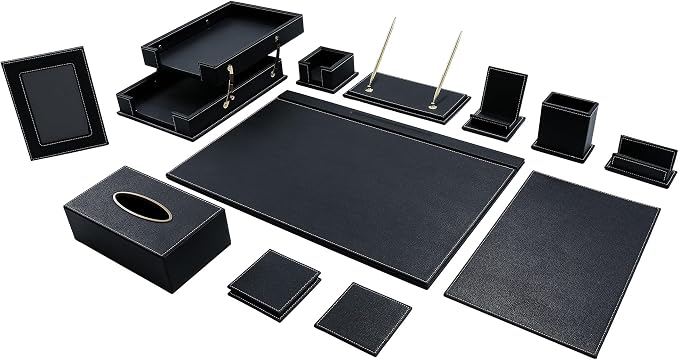 Leather Desk Set, 11-Piece All-in-One – Executive Desk Accessories & Office Supplies, Desk Organizer with Desk Pad & Blotter, 2-Tier Letter Tray, Luxury Office Desk Decor & Boss Gifts (Black)