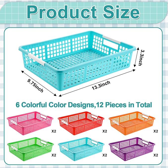 12 PCS Plastic Classroom Turn in Paper Trays Storage Bin Basket Organizers Holds 4A Paper File for School Teacher Supplies Classroom Office Home Organization and Storage Tray (Colorful)