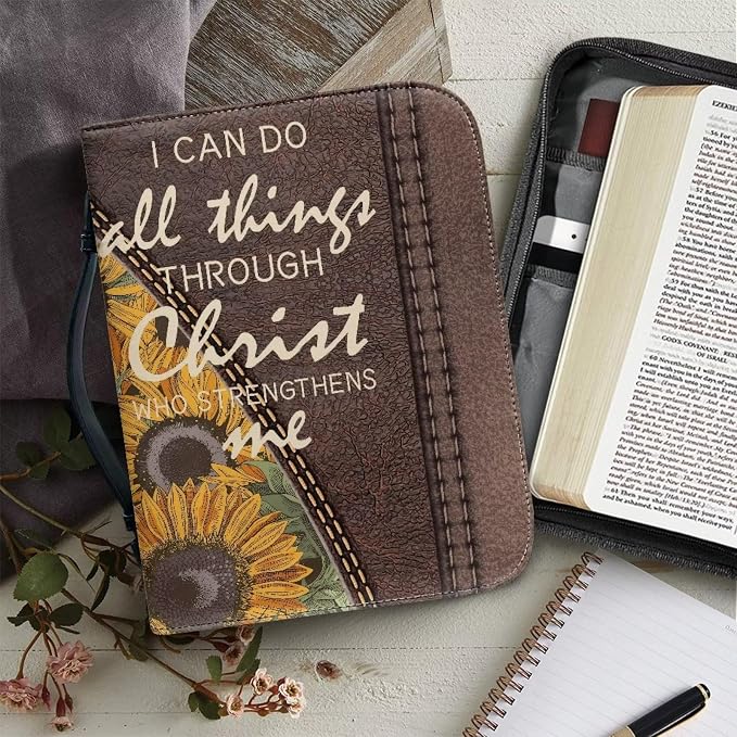 Sunflower Cowboy Bible Carrying Case Large Bible Covers for Woman Girl Portable Fall Bible Covers Case PU Leather Bible Bag with Handle