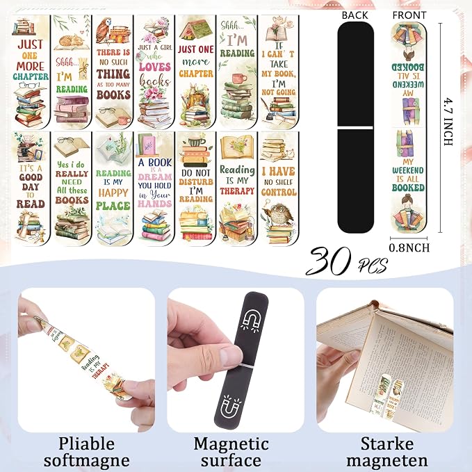 Book Lovers Magnetic Bookmarks - 30 PCs Watercolor Book Marks for Reading Women Bulk Aesthetic Page Markers for Kids Bookish Student Teacher School Office Club Accessories Birthday Gifts