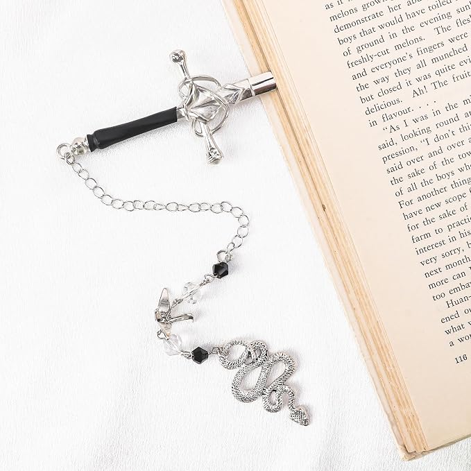 Fantasy Sword Metal Bookmark - Unique Snakes Crane Charm Book Marks Crystal Beads Chain Page Mark Bookish Birthday Gifts School Reading Accessories for Women Students Teachers Lovers Readers