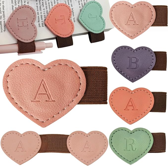 Personalized Magnetic Leather Heart Bookmark with Pen Holder - 26 Letters Custom Book Mark Notebook Pencil Loop with Initial Book Marker for Readers, Book Lovers- Gifts for Women Men(Pink,A)