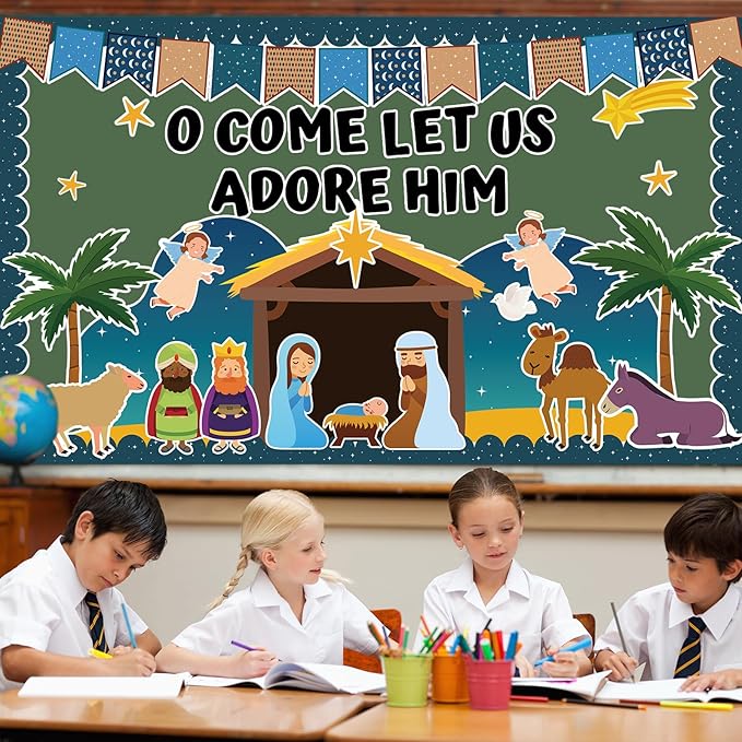 Justforjoyful Religious Christmas Bulletin Boards Christian Nativity Scene Bulletin Board Decorations Set Jesus Birth Bible Classroom Decor Paper Border Cutout for Sunday School Church Chalkboard Wall