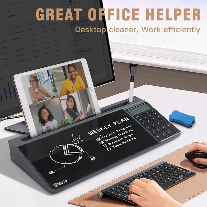 SELEAD Desktop Glass Whiteboard with Calculator, Organizer, Markers, Eraser, Holder - Black Dry Erase White Board Computer Pad Keyboard Stand for Home, School, Office Desk Cubicle Accessories