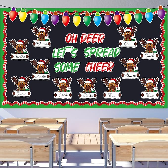 Fuutreo 68 Pcs Winter Elk Bulletin Board Set Winter Reindeer Classroom Decoration Winter Holiday Light Bulb Paper Cutouts Winter Elk Name Tags with Boarders for Wall Party School Decor Supplies