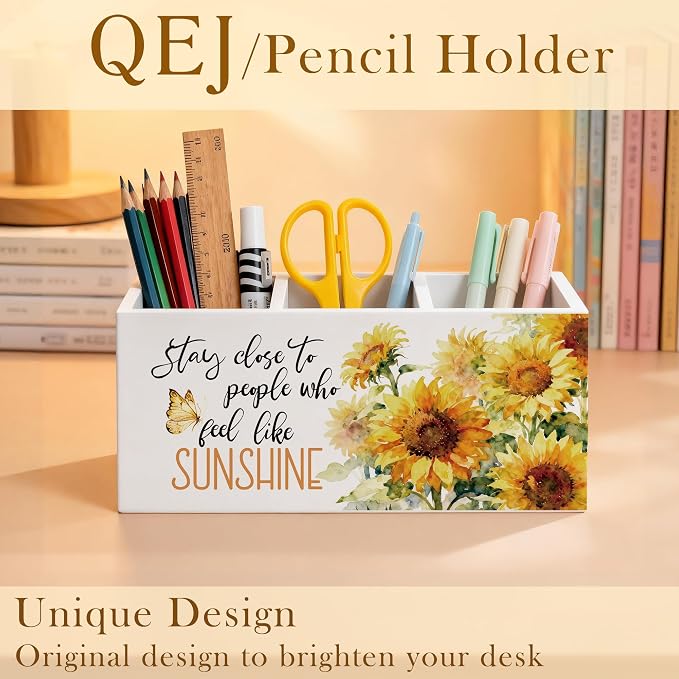 Sunflower Motivational Pen Holder for Desk, Inspirational Gifts for Women, Stay Close to People Who Feel Like Sunshine Wooden Box Pencil Pen Organizer for Home Office Desk Tabletop