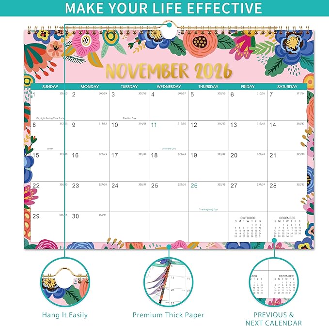 Wall Calendar 2026-2027 - Calendar 2026-2027, JUL. 2026 - Dec. 2027, 18 Monthly Wall Calendar, 15" x 11.5", Wall calendar with Twin-Wire Binding, Hanging Hook, Julian Dates, Thick Paper