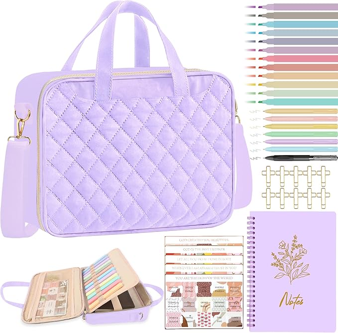 PUGPIU Bible Cover Case for Women, Large Quilted Bible Bag with Shoulder Strap and Handle, Bible Study Supplies Journaling Kit with Highlighters Pens No Bleed Tabs Notebook Cross Clips (Light Purple)