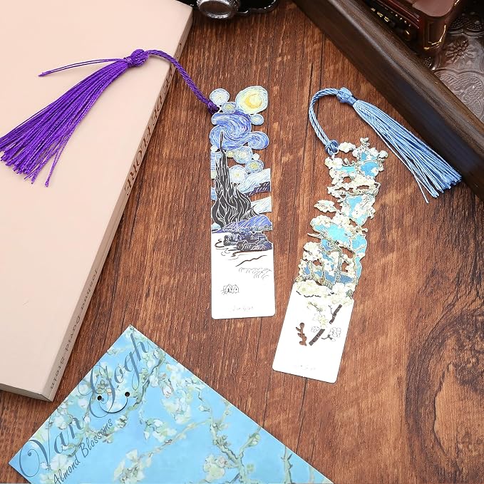 2 Metal Bookmarks with Tassel, Oil Painting Starry Night Over The Rhone and Almond Blossoms, Pretty Bookmarks for Women