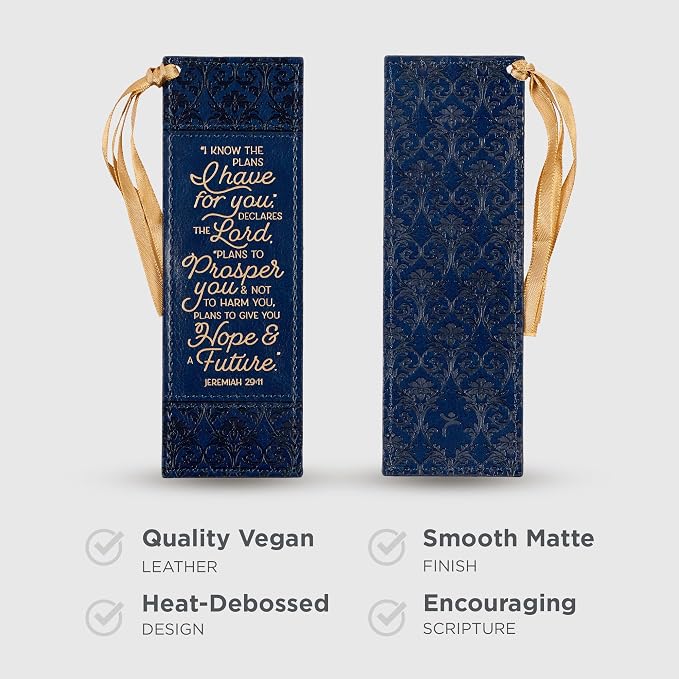 Christian Art Gifts Navy Blue & Gold Premium Vegan Leather Scripture Bookmark for Women: I Know the Plans - Jer. 29:11 Inspirational Bible Verse w/Dark Golden Satin Ribbon & Debossed Floral Design