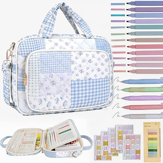 Bible Cover Case for Women Bible Study Supplies Christian Gifts for Women Church Camp Essentials Christian Bible Journaling Kit Quilted Large Bible Cover (Spliced Blue Flower, Large)