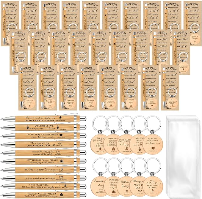 Lincia 50 Sets Christian Father's Day Birthday Gifts Bulk, Bible Verse Bookmarks Keychains with Bamboo Pens Religious Church Gifts Bulk for Men Ministry Bible Study Pastor Appreciation Church Events