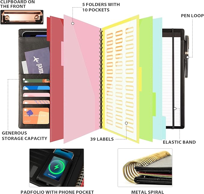 Ospelelf Clipboard with Storage for Men Women, Leather Padfolio Portfolio Organizer 5 Folders with 10 Pockets, Spiral Clipboard Folio with Notepad for Letter Size, Elastic Closure and Pen Loop Black