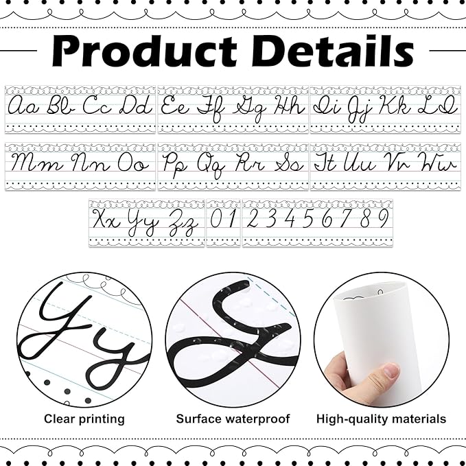 Set of 9 Cursive Writing Bulletin Board Cursive Alphabet Wall Strip for Teacher Supplies, Classroom Teaching Tool, Homeschooling, Kids Education(Simple Line)
