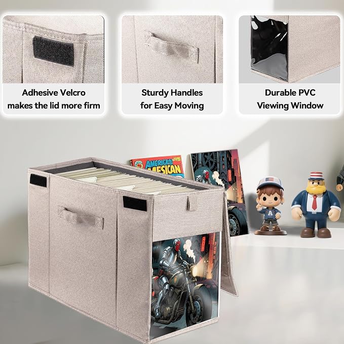 2 Pack Comic Book Storage Box with Lid for Modern Age, Collapsible Magazine Organizer with Clear Window, Beige