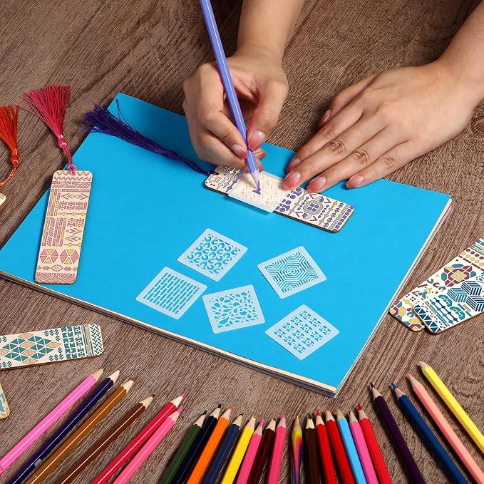 TaoBary 92 Pcs Wood Bookmark Making Kit Includes 36 Unfinished Blank Bookmarks 36 Tassels 20 Templates Craft for DIY Crafts, Painting, Valentine's Day, Mother's Day Gift(Geometry, 4.8 x 1.3 Inch)