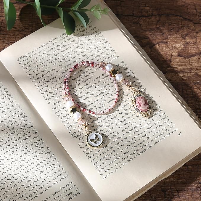 Vintage Cameo Beaded Bookmark - Pink Gold Beads Book Mark with Butterfly for Women, Unique Aesthetic Accessories Bookish Gifts for Booklovers Students Teachers