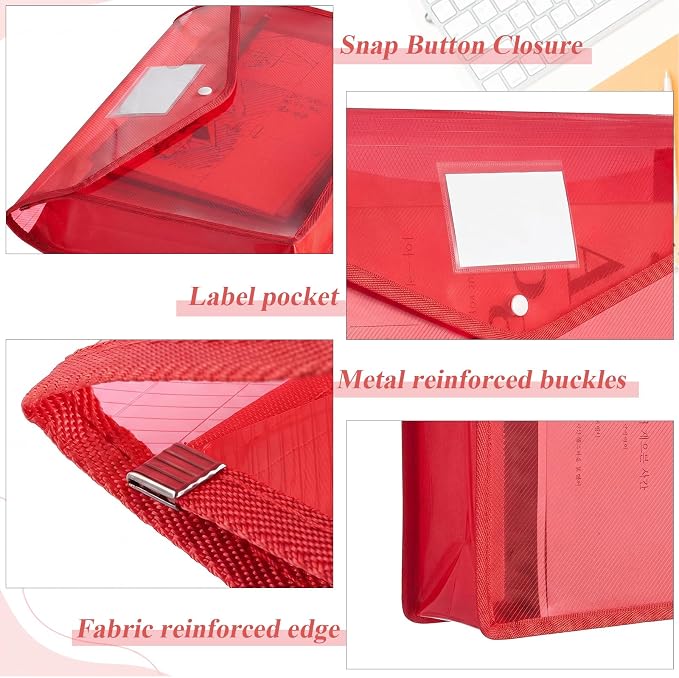 Epakh 10 Pieces Plastic File Folders Envelope Expanding File Wallet Organizer Documents Folder with Snap Closure and Pocket B4 Waterproof Transparent Pouch for School Office(Red,Horizontal)