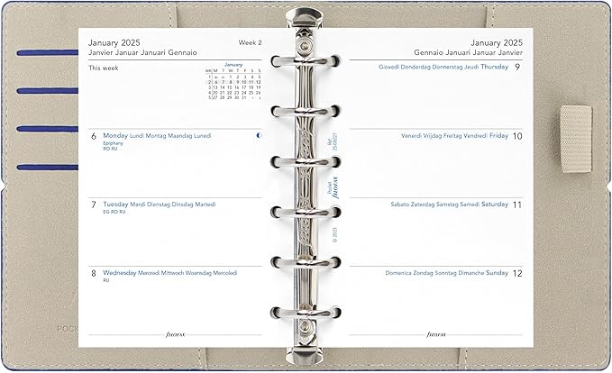 Filofax Domino Organizer, Pocket Size, Navy - Leather-Look, Contrast Stitching, Six Rings, Week-to-View Calendar Diary, Multilingual, 2025 (C027984-25)