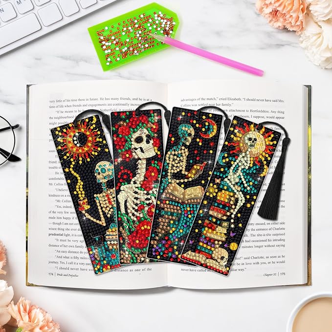 6 PCS Diamond Art Kits Bookmarks Diamond Painting Kit Book Mark, Handmade DIY Skeleton Diamond Art Skull Gem Art Acrylic Tassel Bookmarks for Women Adults, Craft Kits Gift Set for Book Lovers