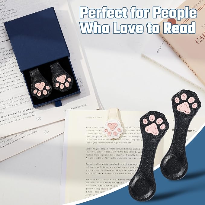 2Pcs Magnetic Leather Bookmarks with Gift Box Magnetic Pen Holder Book Marks Clip Gift for Book Lover Readers Men Women Teachers Students, Paw (Black+Black)