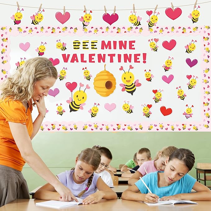 140Pcs Valentine's Day Bee Bulletin Board Classroom Decorations Bee Mine Valentine Heart Accent Cutouts Name Tags Border Trim Party School Classroom Chalkboard Door Wall Decor