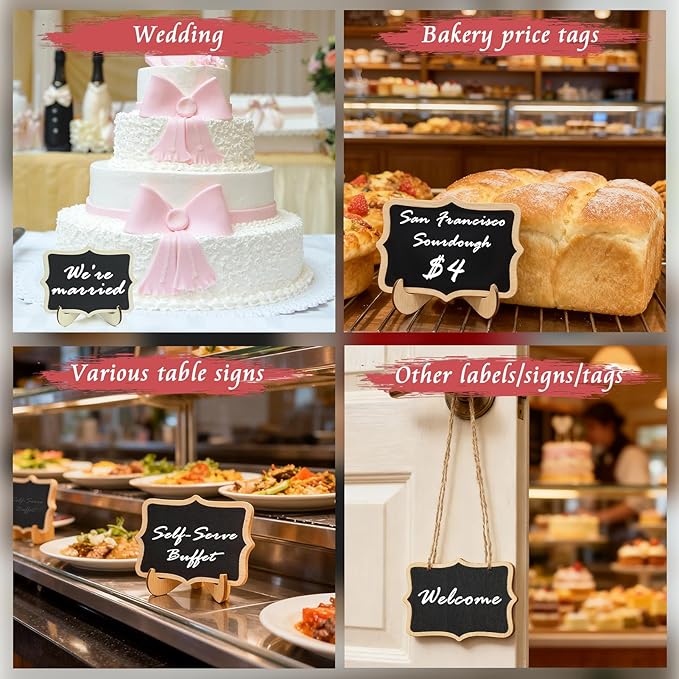 40 Pack Mini Chalkboard Signs - 20 Easel Stand & 20 Hanging Tags with 2 Markers, Wooden Food Labels for Buffet, Party, Wedding, Place Cards, Table Numbers Decor