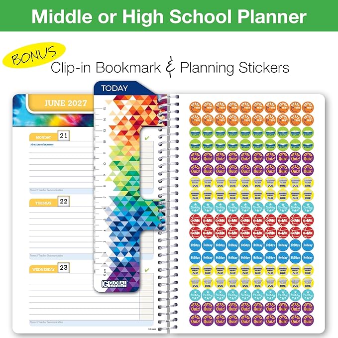 Global Datebooks 2026-2027 Middle & High School Student Planner 5.5" x 8.5" - Dated Weekly & Monthly Academic Planner with Ruler/Bookmark & Stickers, Ideal for Homework, Block Style, Rainbow Linen