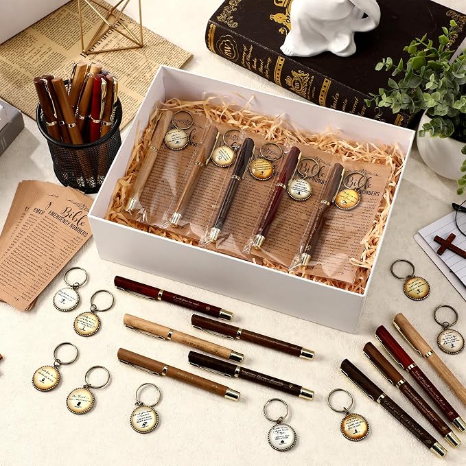 Feifeiya 75 Pcs Father's Day Christian Gifts Bulk 25 Bible Verse Pens 25 Religious Keychains 25 Emergency Number Bookmark Christian Church Gifts for Men Pastor Sunday School Church VBS(Brown,Stylish)