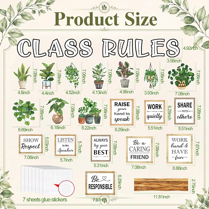 Qilery Class Rules Bulletin Board Decorations, Farmhouse Motivational Classroom Decor Set with Plant Wood Shelf Cutouts, Positive Behavior Quotes for Teacher Supplies, School Wall and Door Display